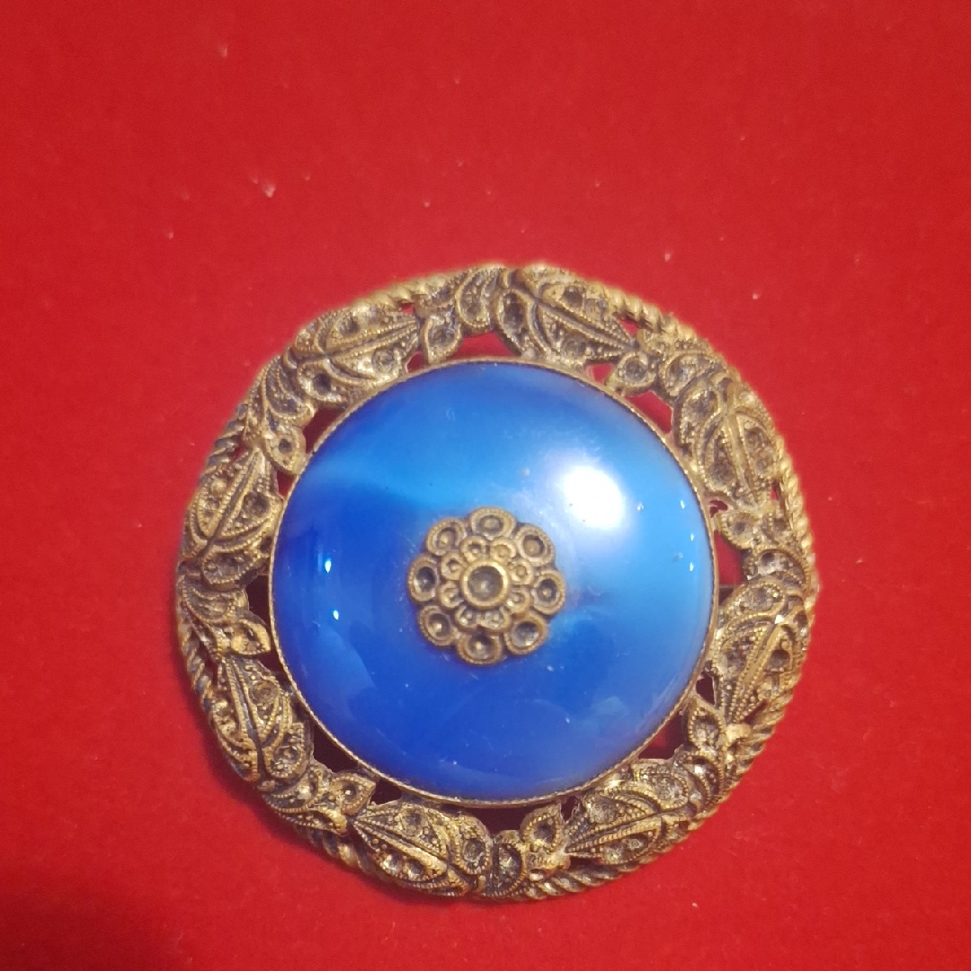 Ornate Blue And Gold Brooch Czech